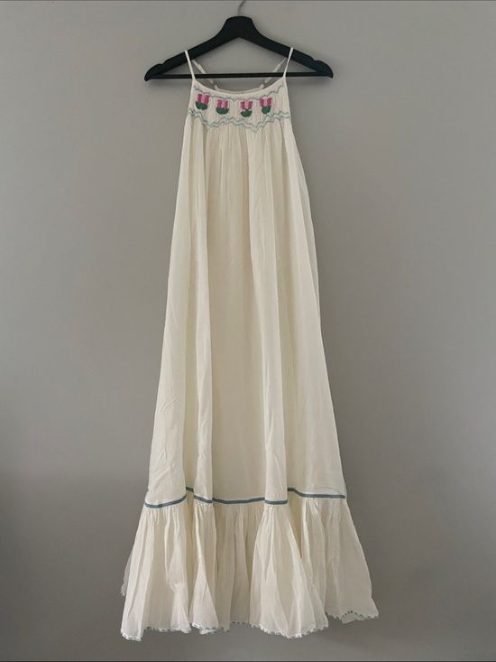 Free People Dresses & Skirts - Free People Cream Maxi Dress with Pink Floral Embroidery and Blue Trim S New
